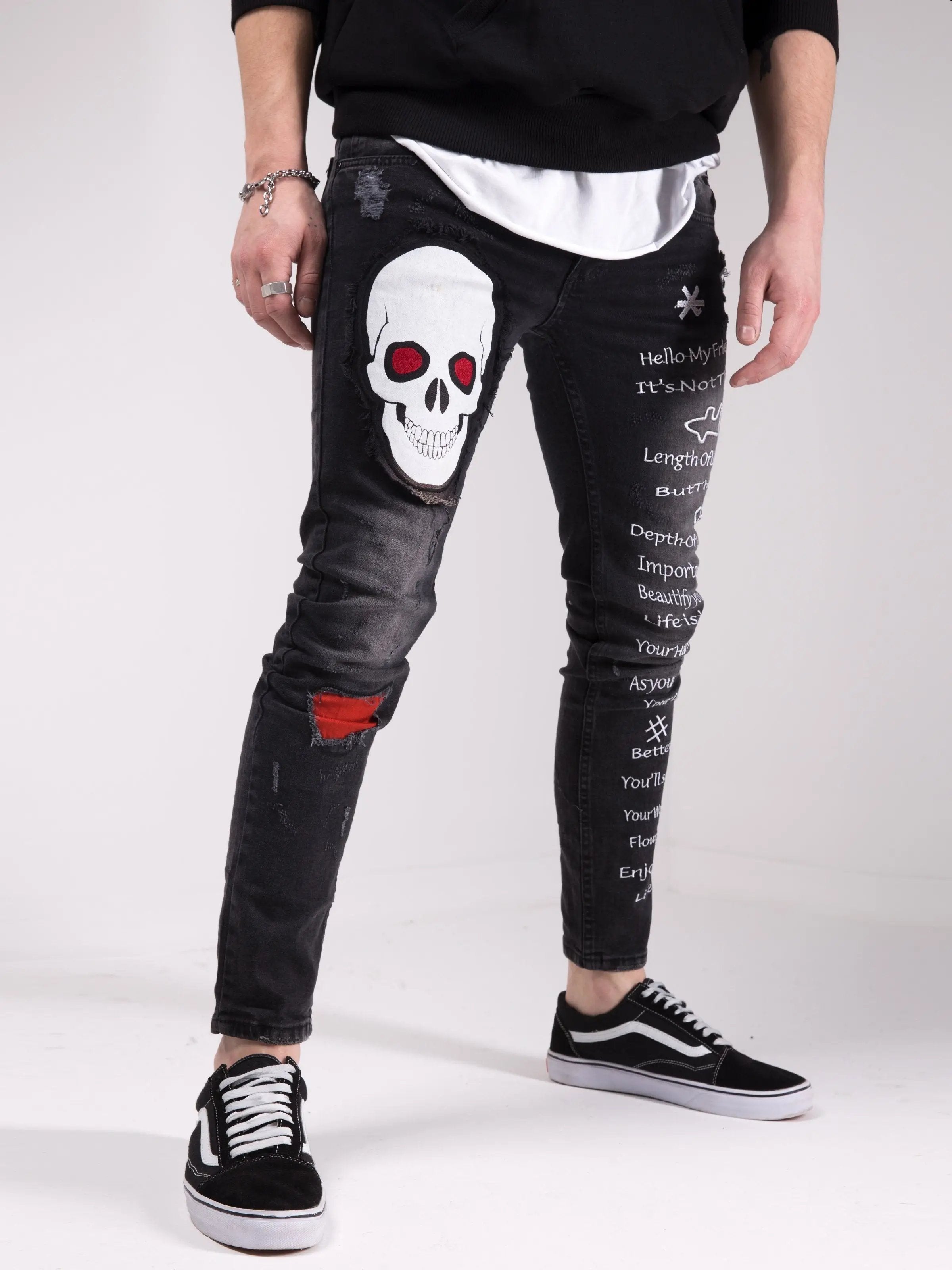 Black Skull Street Style Skinny Jeans for Men by SERNES