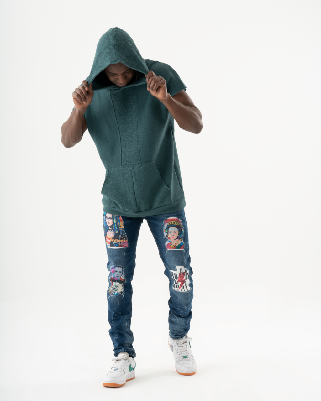 A man wearing CRESCENDO jeans.