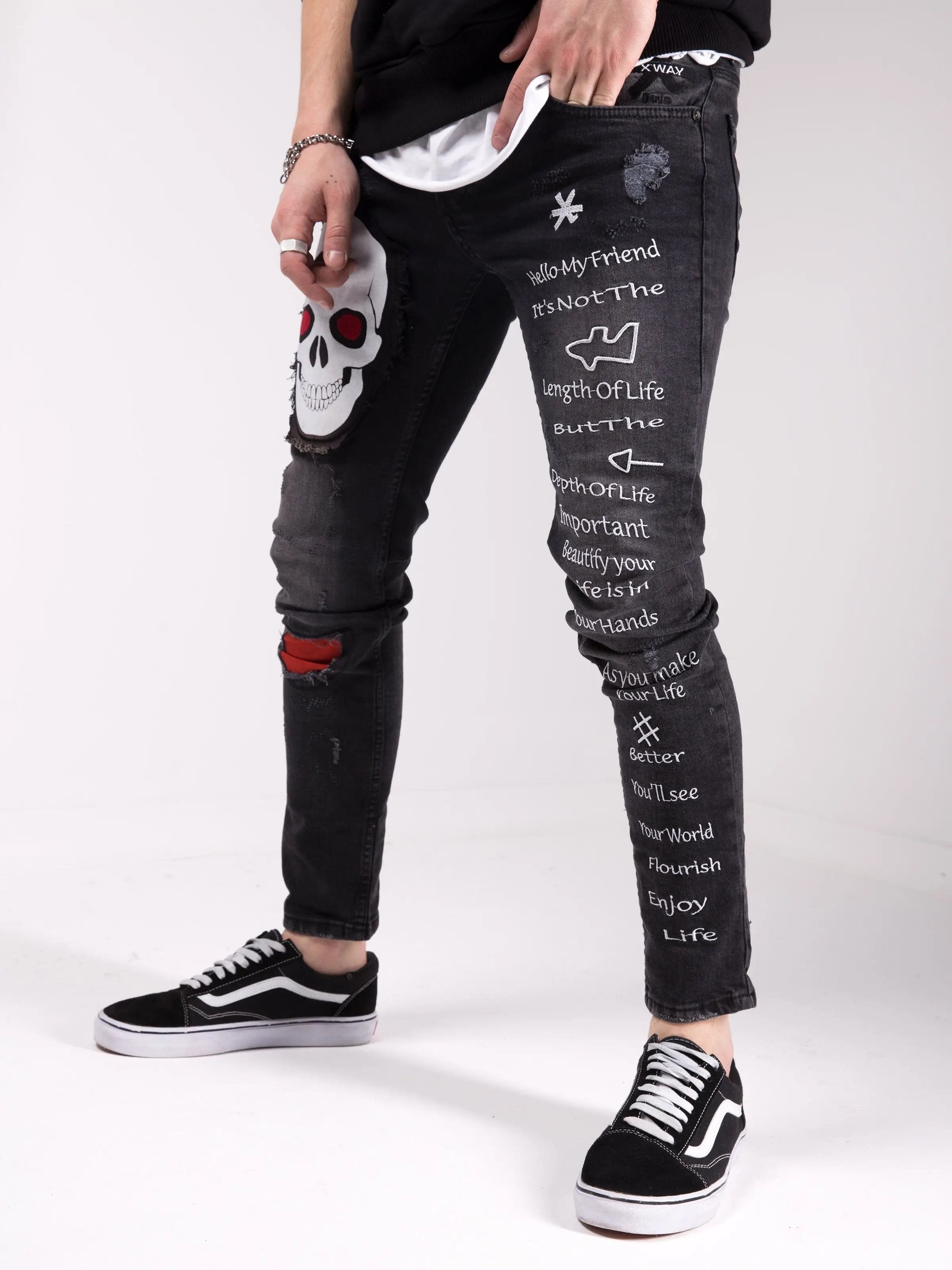 Black Skull Street Style Skinny Jeans for Men by SERNES