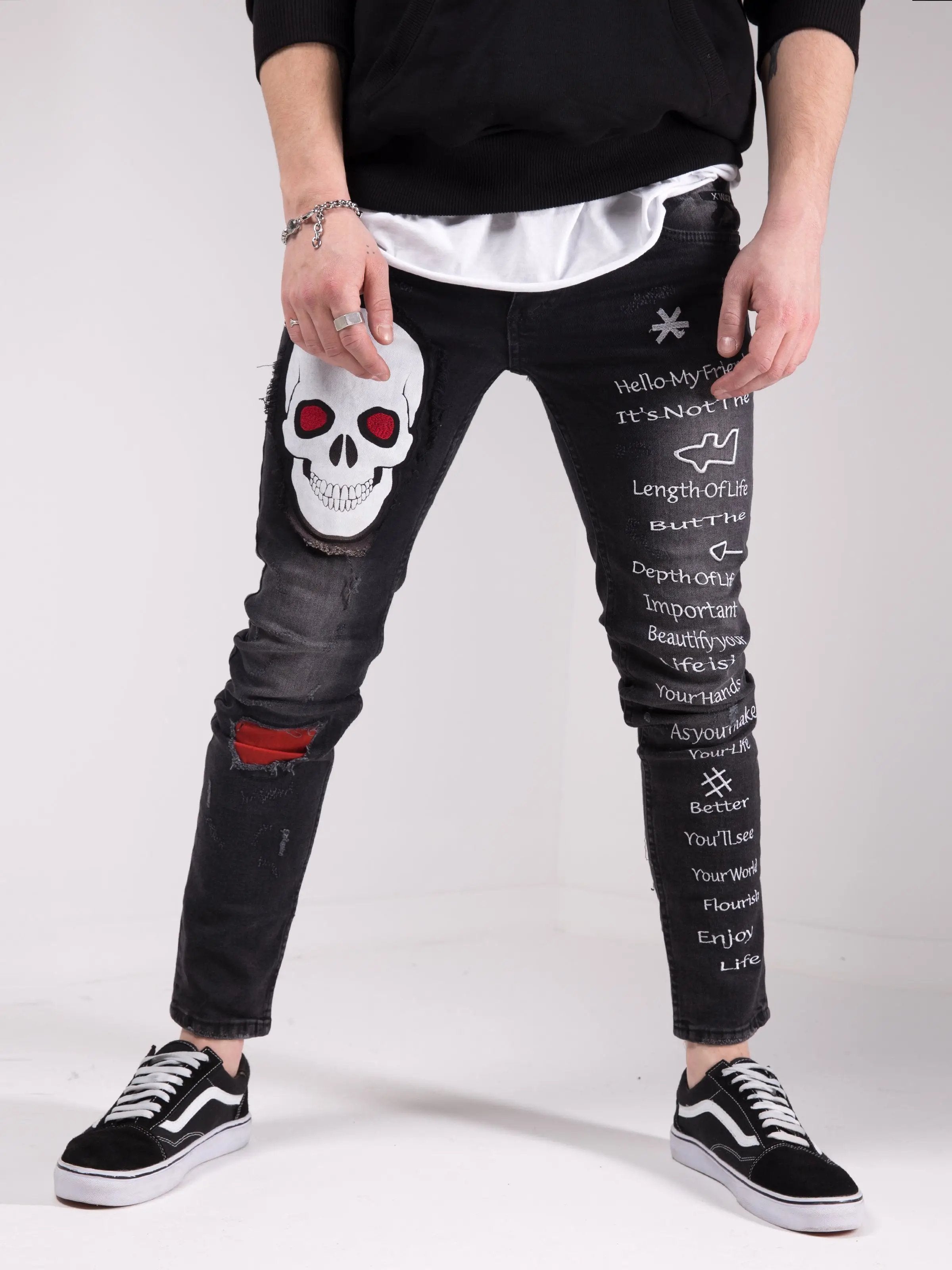 Black Skull Street Style Skinny Jeans for Men by SERNES