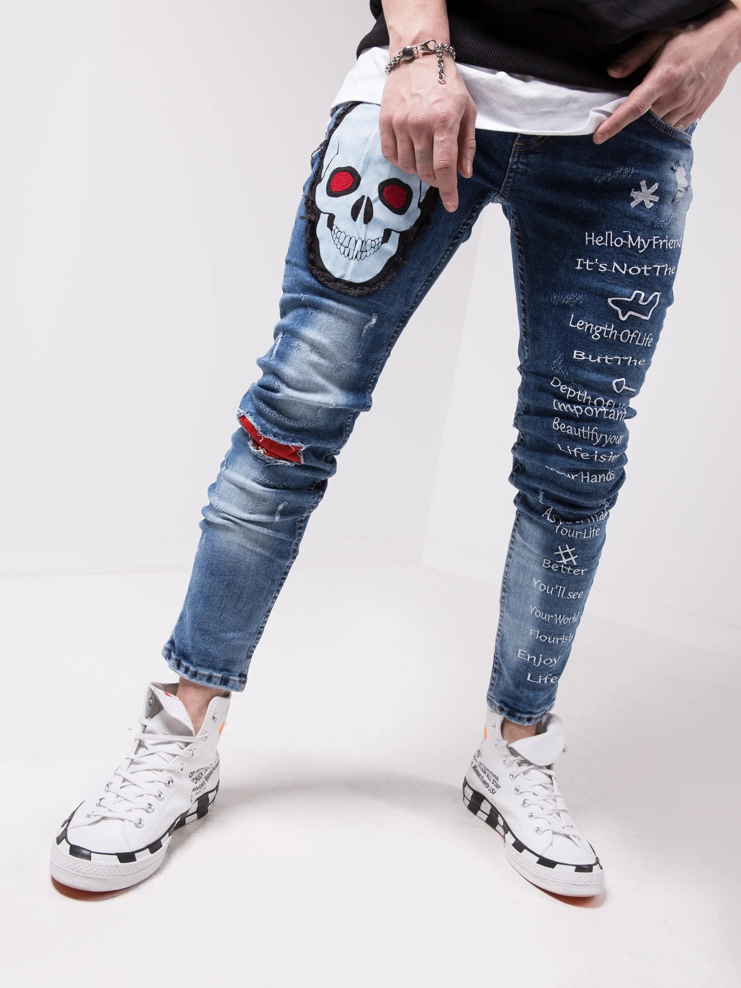 Men's Skinny-fit Ripped Jeans WISE SKULL by SERNES Streetwear