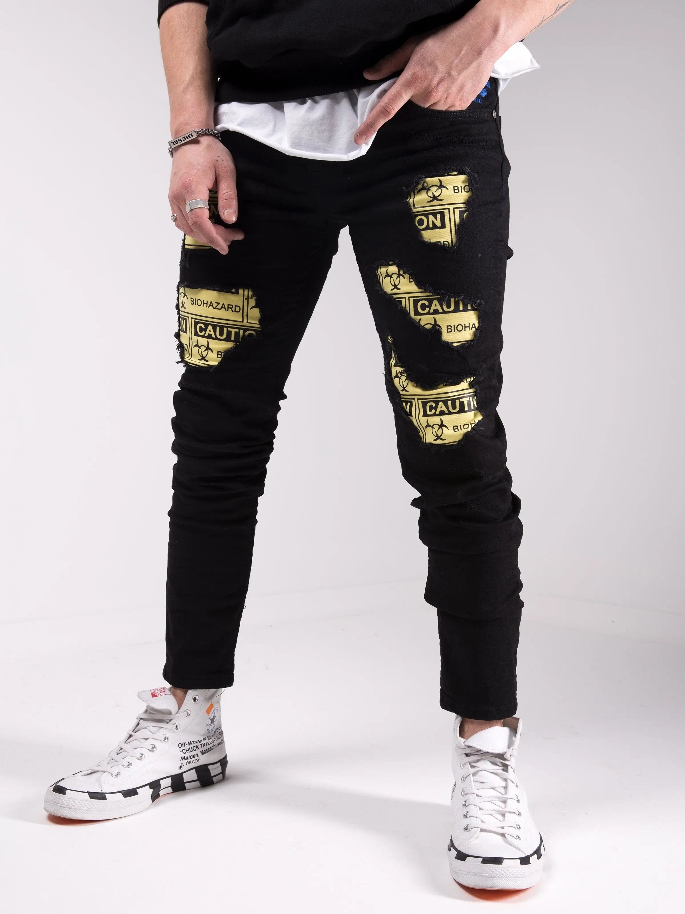 Men's Skinny Jeans in Black with patches and rips - Biohazard X