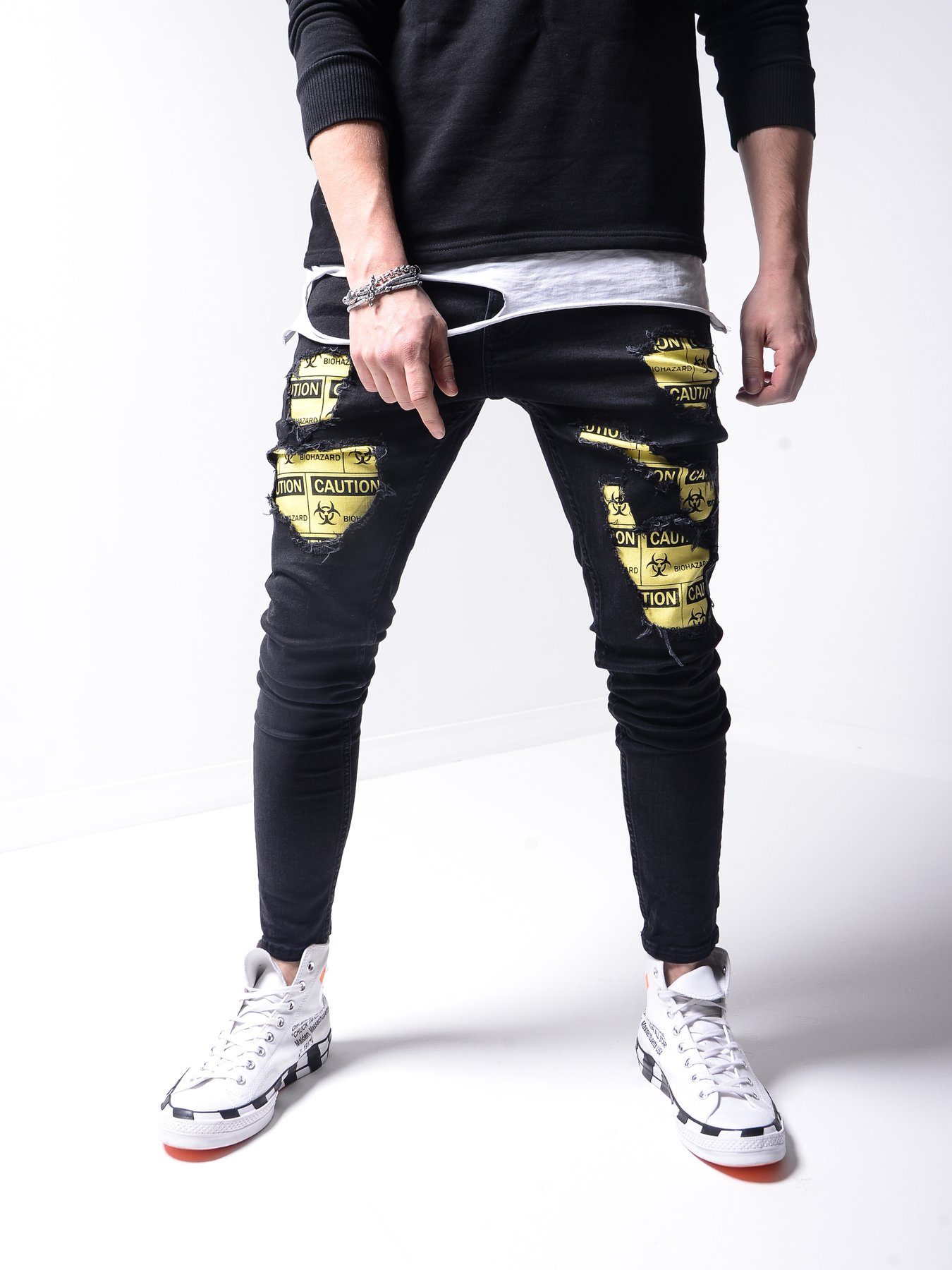 Men's Skinny Jeans in Black with patches and rips - Biohazard X