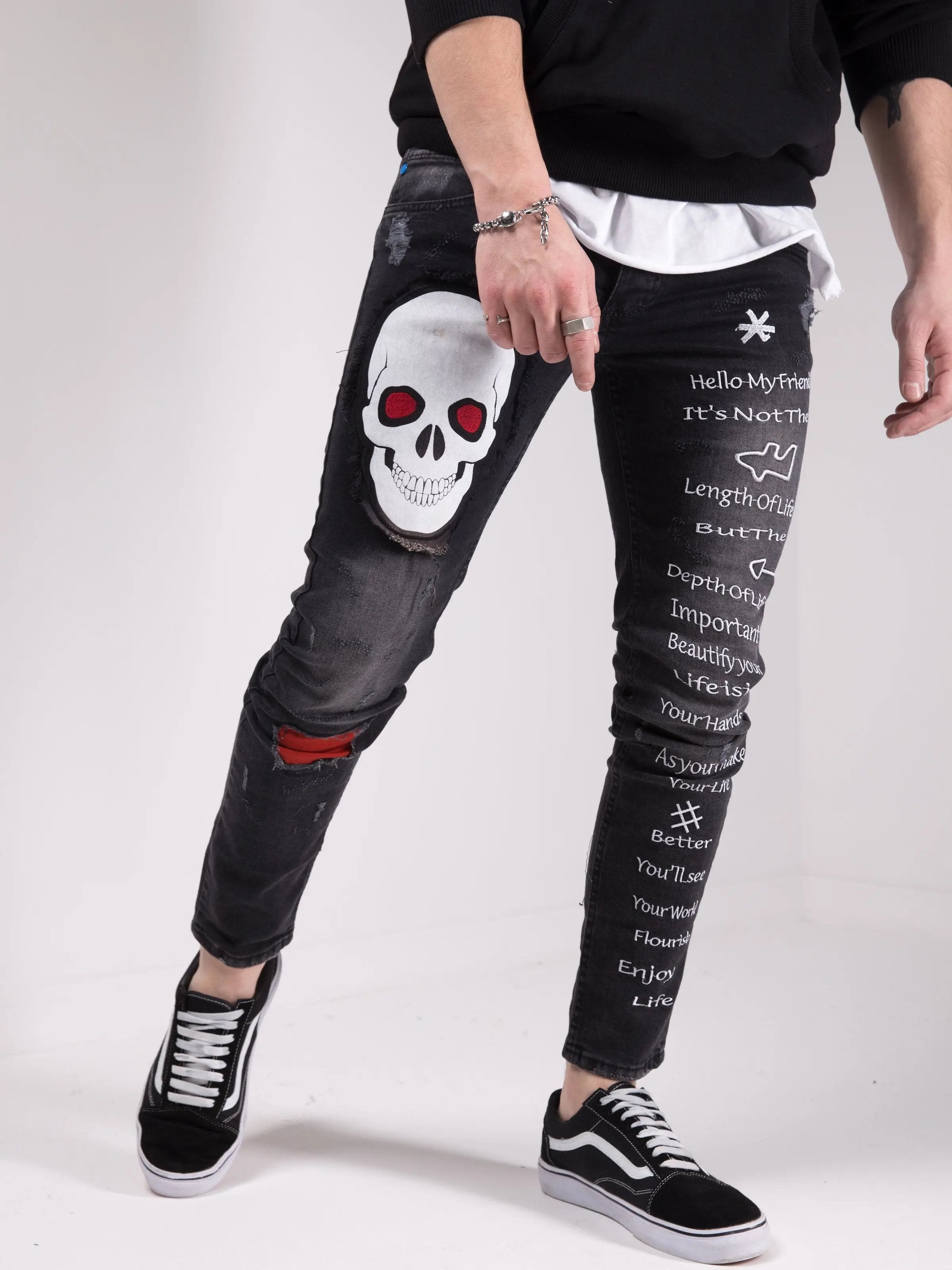 Black Skull Street Style Skinny Jeans for Men by SERNES
