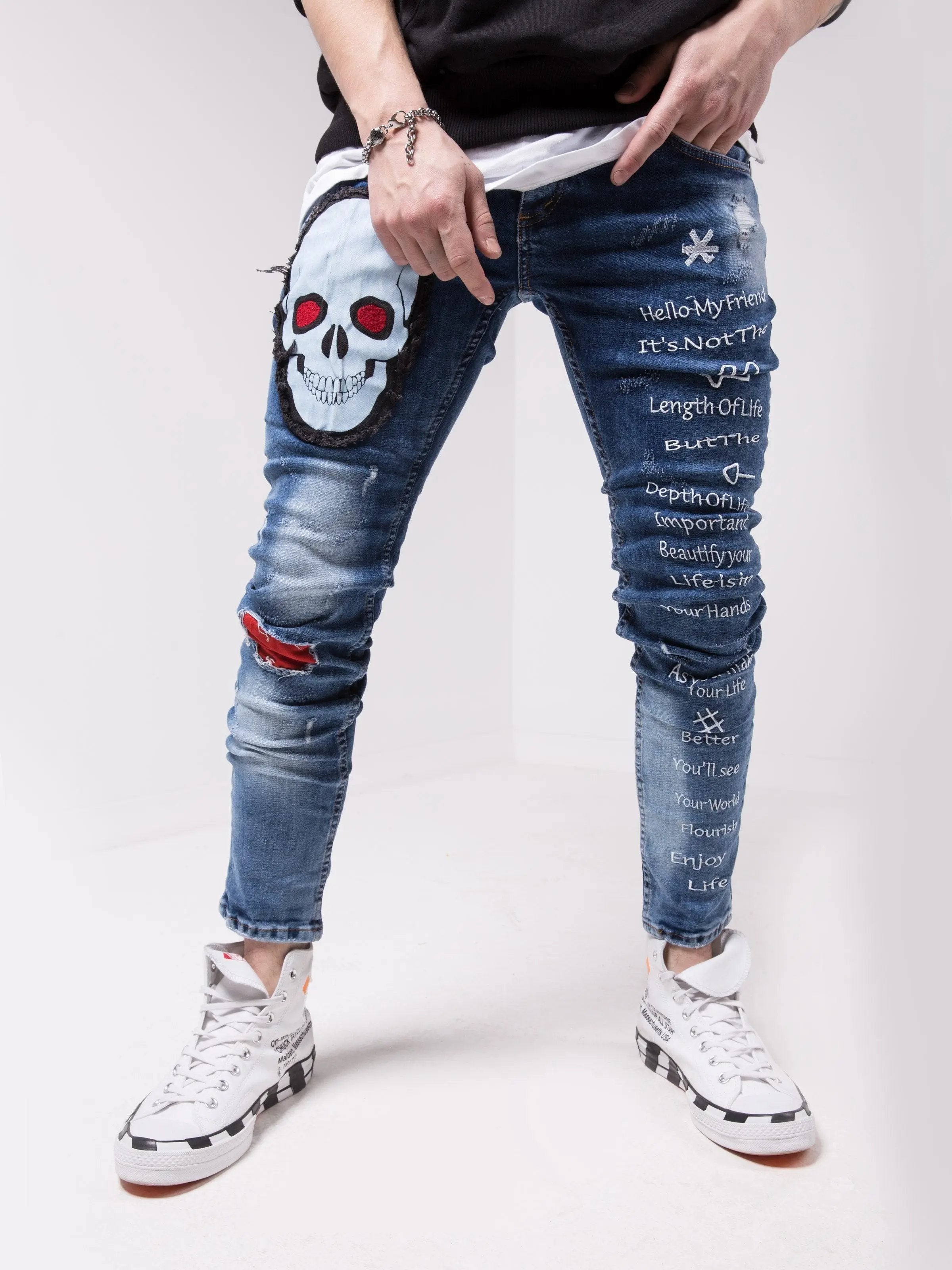 Men's Skinny-fit Ripped Jeans WISE SKULL by SERNES Streetwear