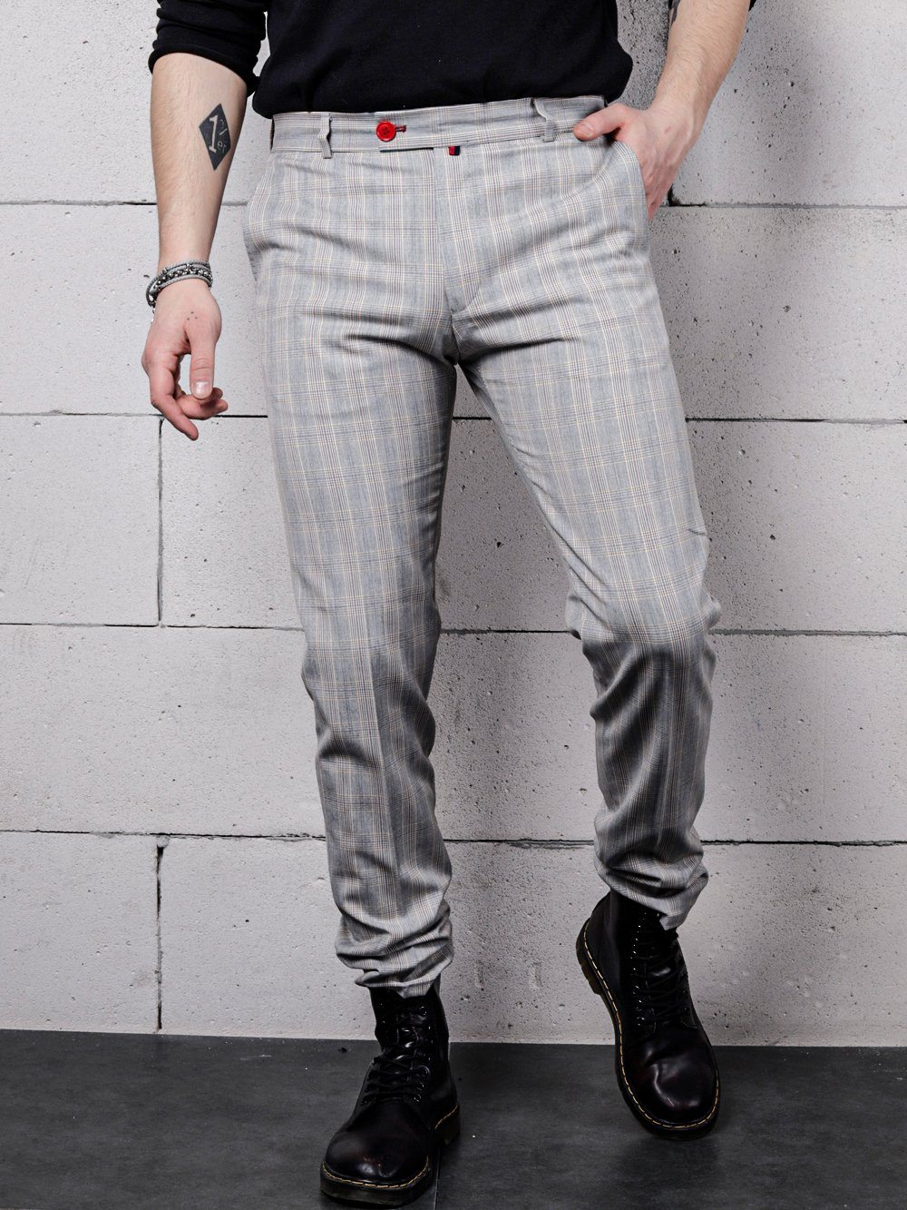 Lower body shot of a man wearing VANILLA LATTE Striped Pants by SERNES