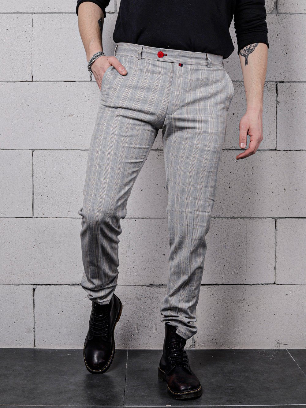 Lower body shot of a man wearing VANILLA LATTE Striped Pants by SERNES