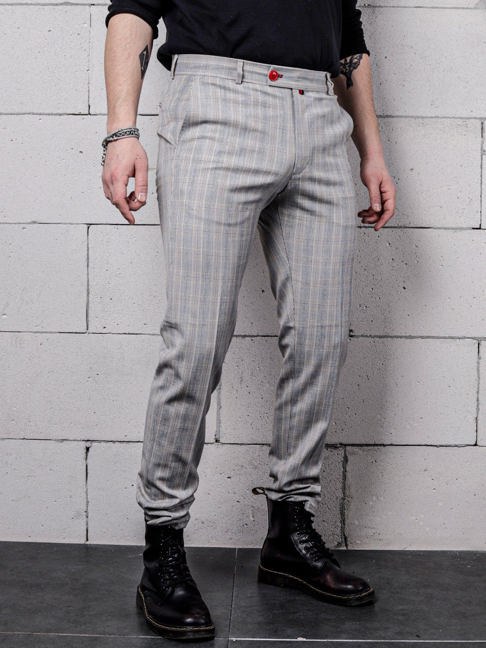 Lower body side shot of a man wearing VANILLA LATTE Striped Pants by SERNES