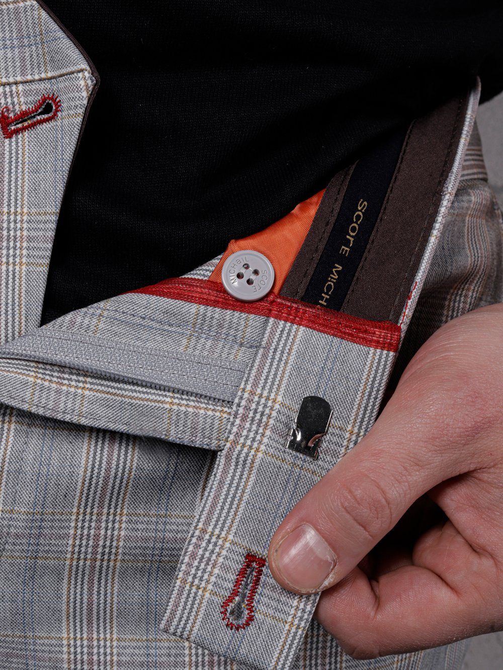 Close up shot of inside waist band of VANILLA LATTE Striped Pants by SERNES