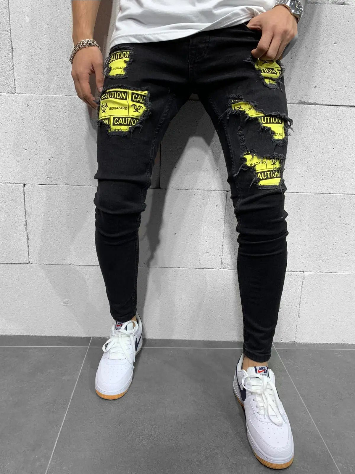 Men's Skinny Jeans in Black with patches and rips - Biohazard X