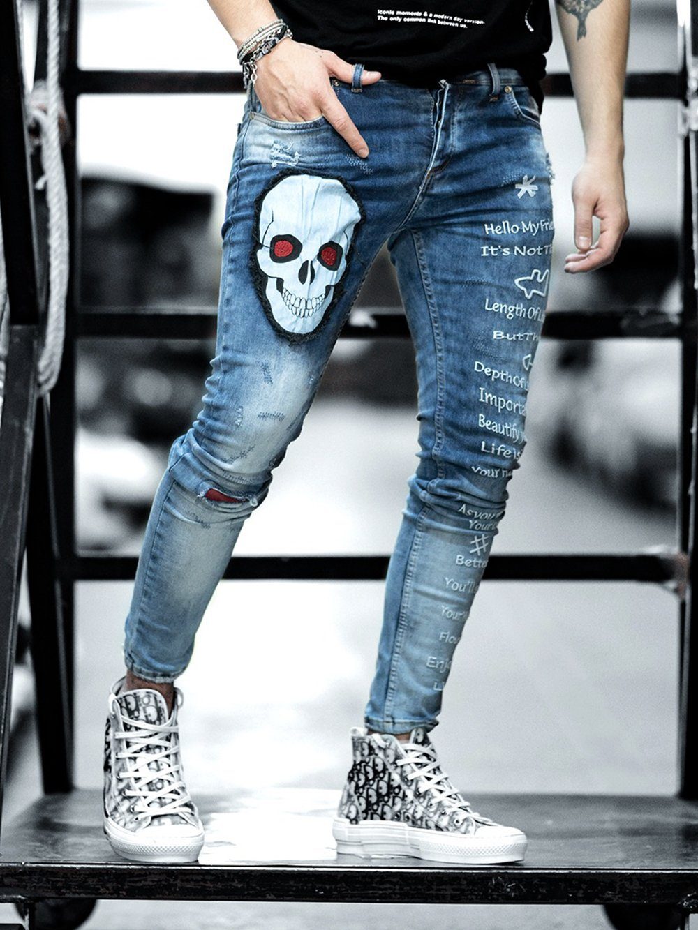 Men's Skinny-fit Ripped Jeans WISE SKULL by SERNES Streetwear