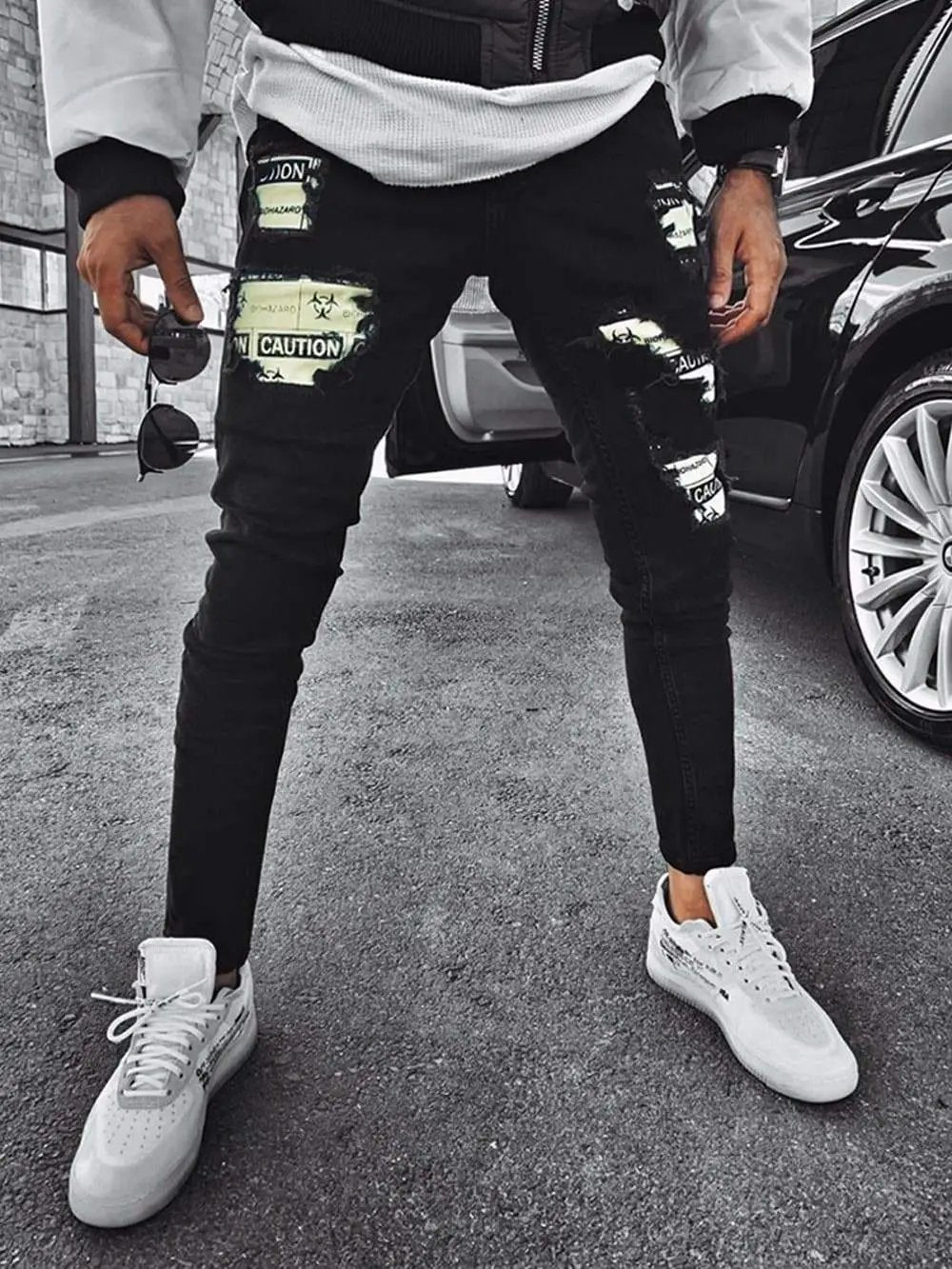 Men's Skinny Jeans in Black with patches and rips - Biohazard X 