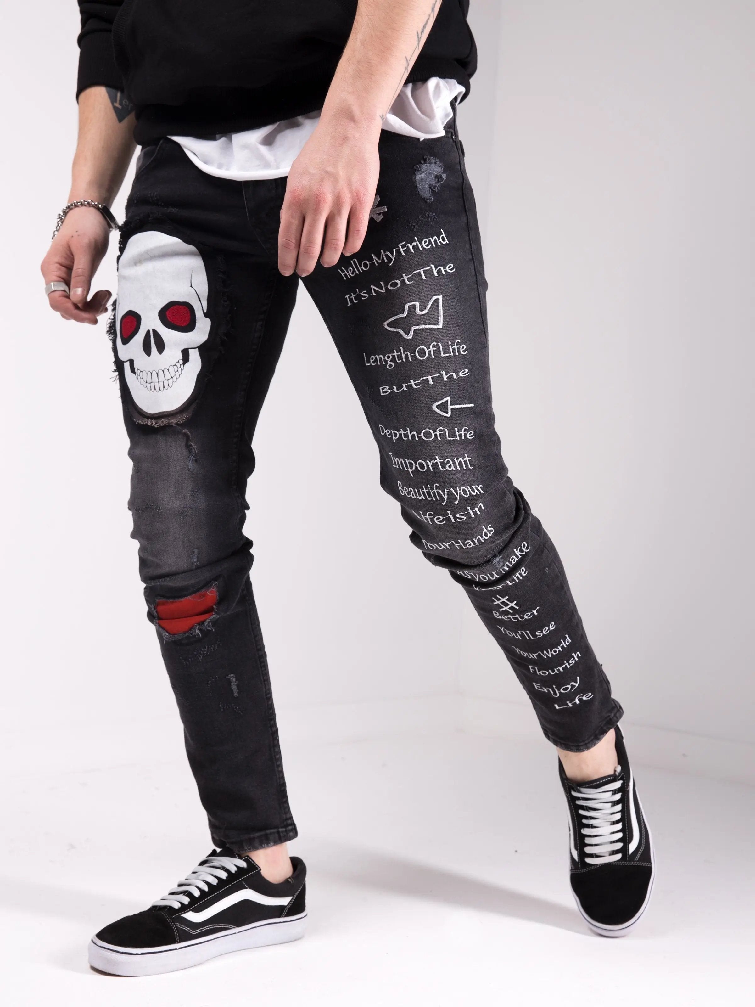 Black Skull Street Style Skinny Jeans for Men by SERNES