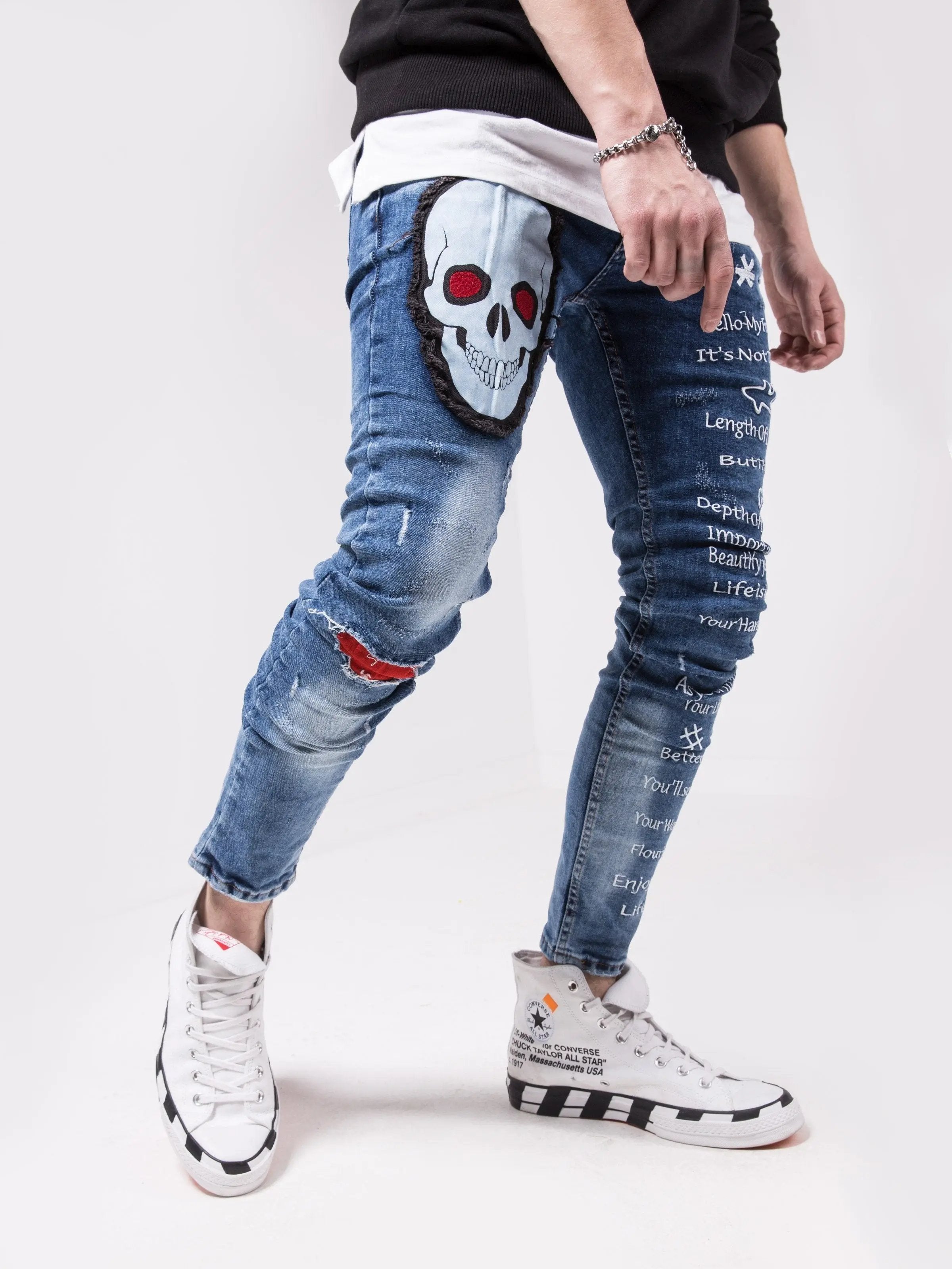 Men's Skinny-fit Ripped Jeans WISE SKULL by SERNES Streetwear