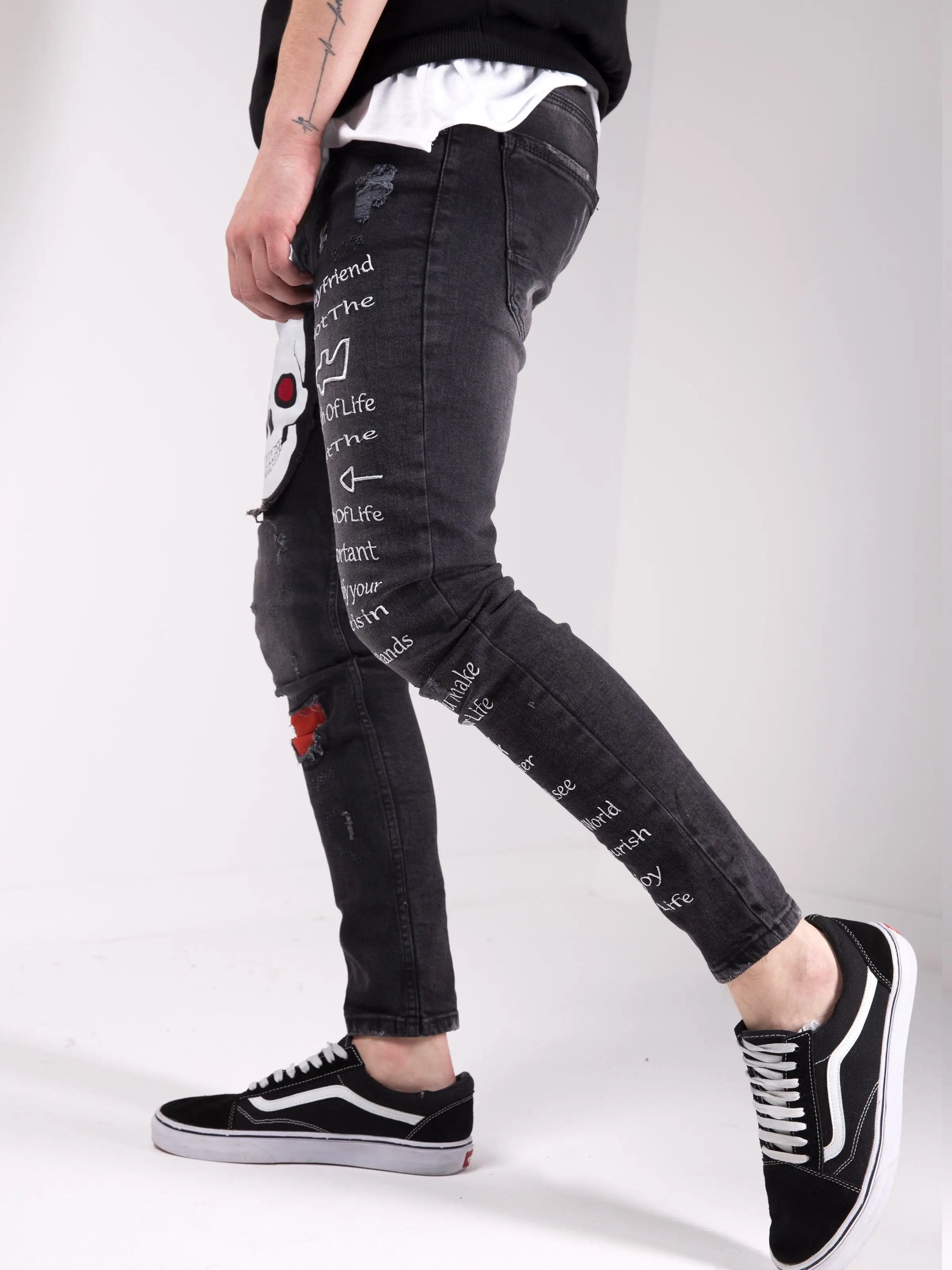 Black Skull Street Style Skinny Jeans for Men by SERNES