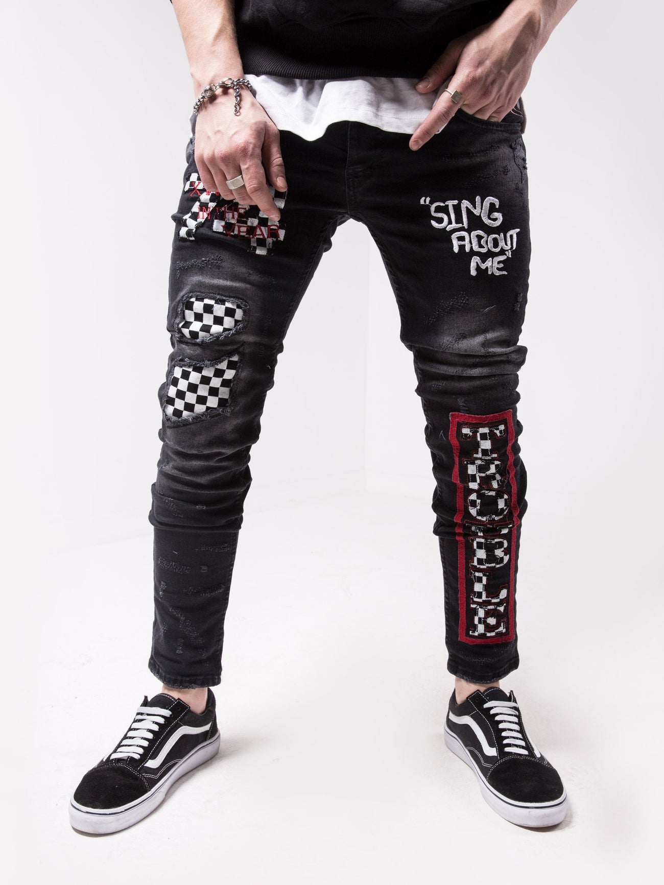 Checkered Ripped Jeans - Formula Trophy | Streetwear jeans for men