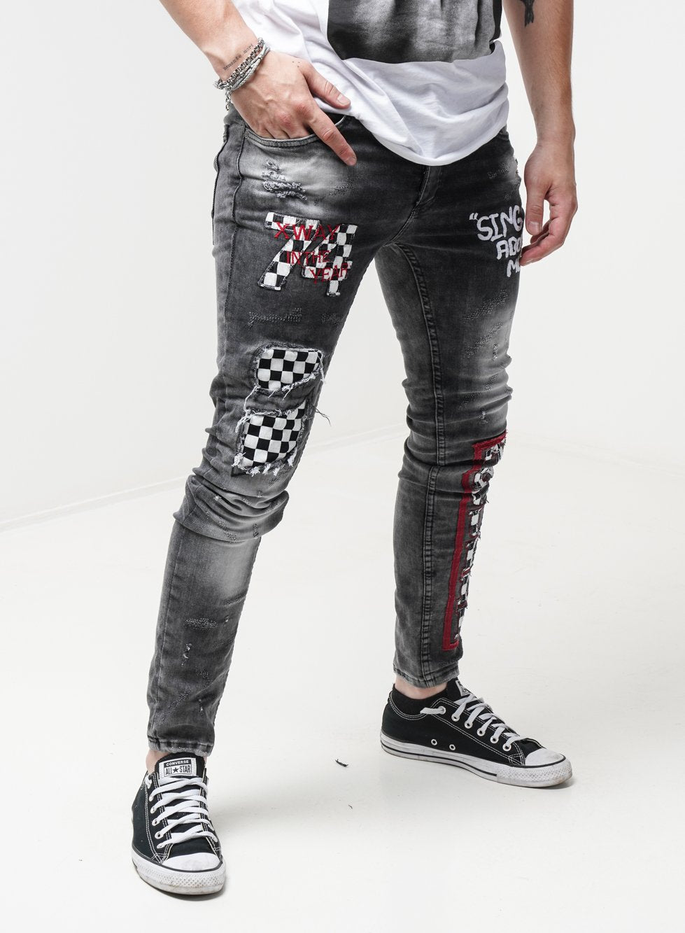 GINZOUS Men's Black and White Plaid Print Jeans Size 28 at Amazon Men's  Clothing store