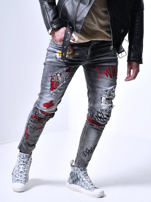 Denim Patched Jeans - Banksy Grey | Streetwear jeans for men