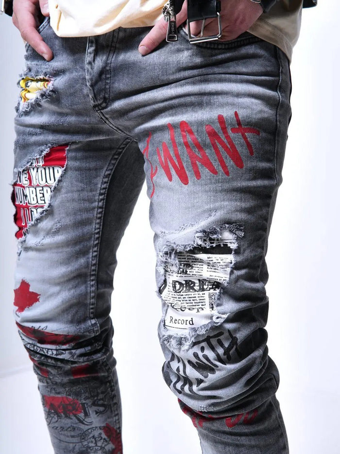Denim Patched Jeans - Banksy Grey | Streetwear jeans for men