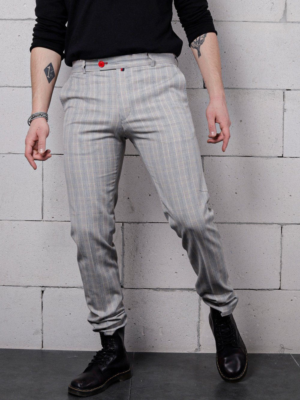 Lower body shot of a man wearing VANILLA LATTE Striped Pants by SERNES