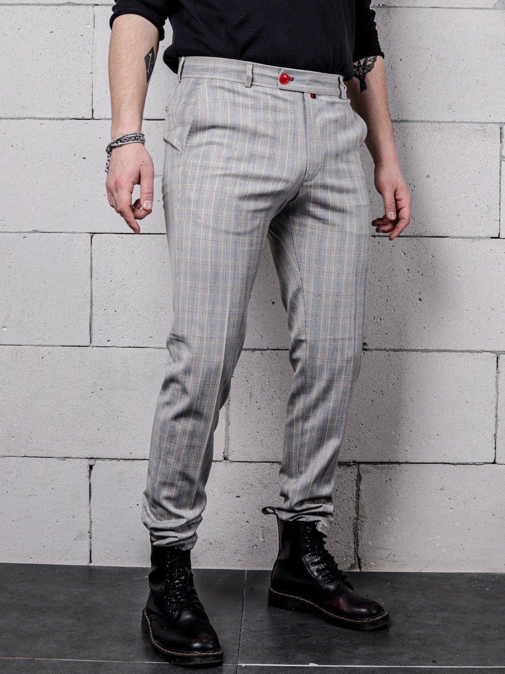 Lower body side shot of a man wearing VANILLA LATTE Striped Pants by SERNES