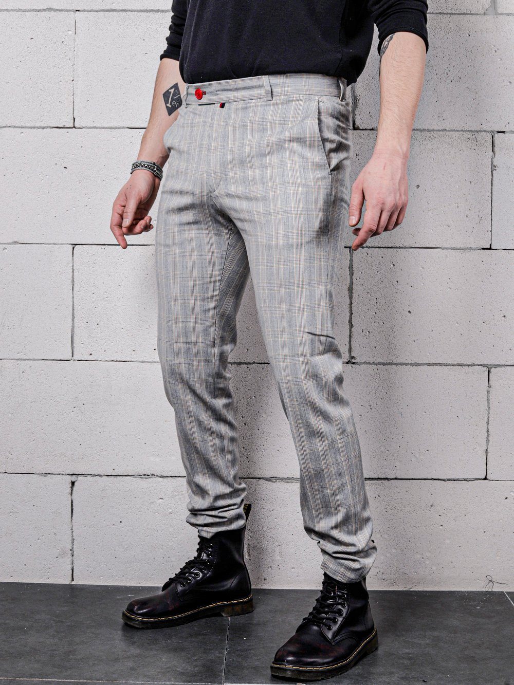 Lower body side shot of a man wearing VANILLA LATTE Striped Pants by SERNES