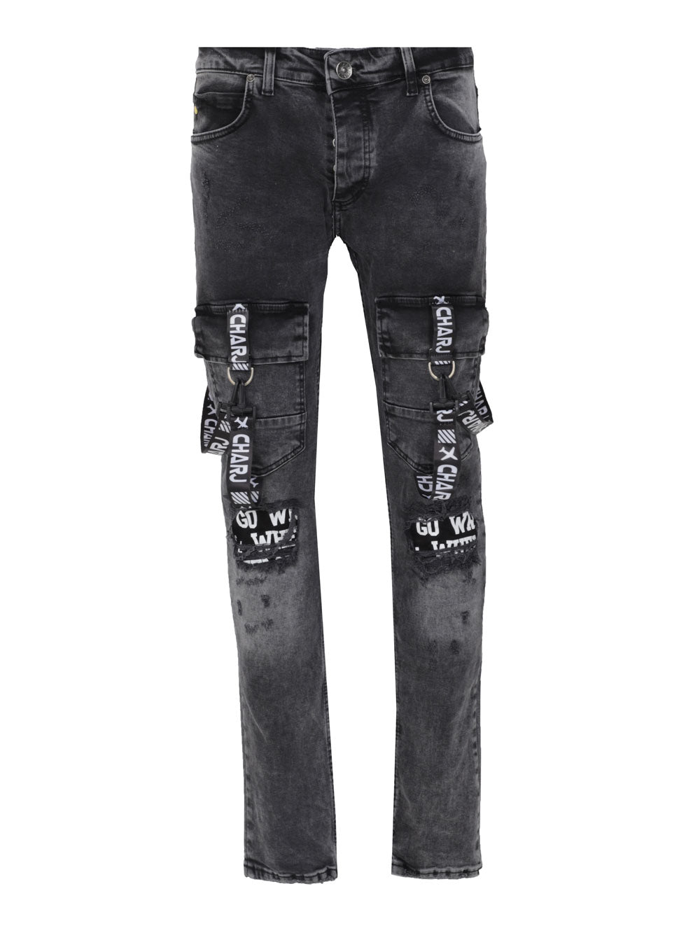 A pair of TORNADO BLACK jeans with patches on them, made from elastic fabric.