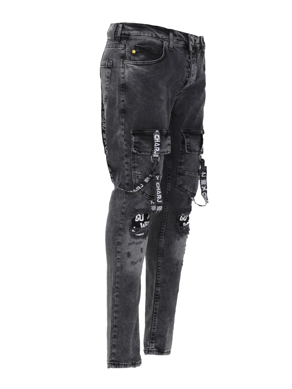 A pair of TORNADO BLACK jeans with zippers, patches, and an elastic fabric for a smooth feel.