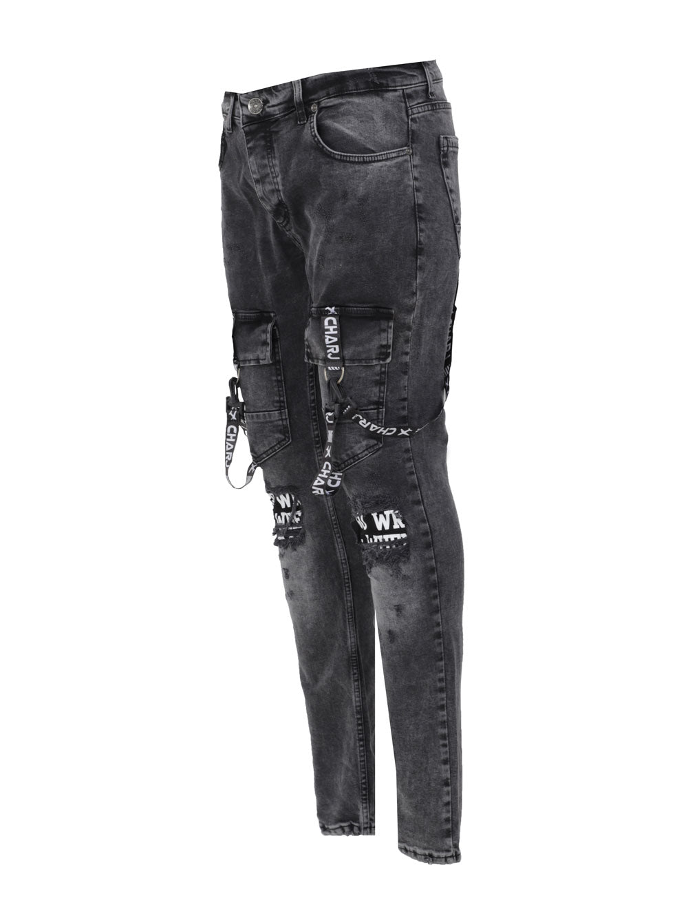 A pair of TORNADO BLACK jeans with zippers and patches made of elastic fabric.